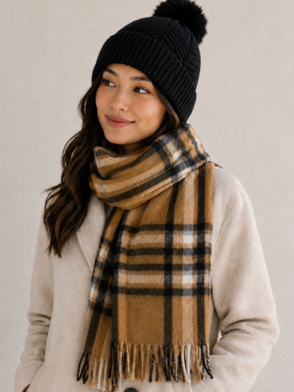 Steve Madden Beanie & Scarf Set Black Pom Beanie + Plaid Scarf NWT